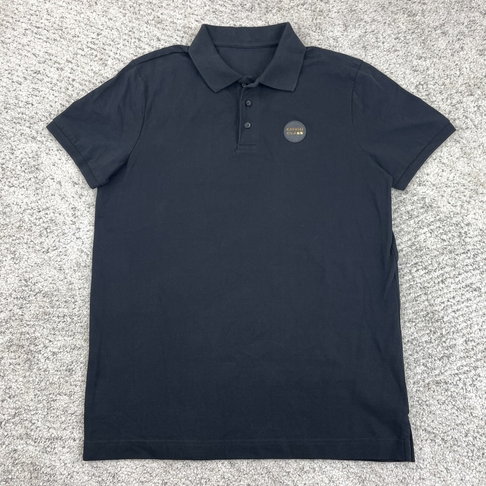 Cavalli Class Polo Mens Large Shirt Pique Knit Metallic Logo Black Gold Collared